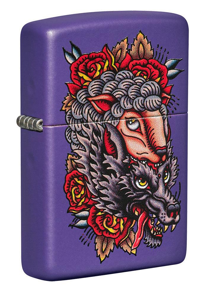 Zippo Lighter: Wolf And Roses - Purple Matte 49413