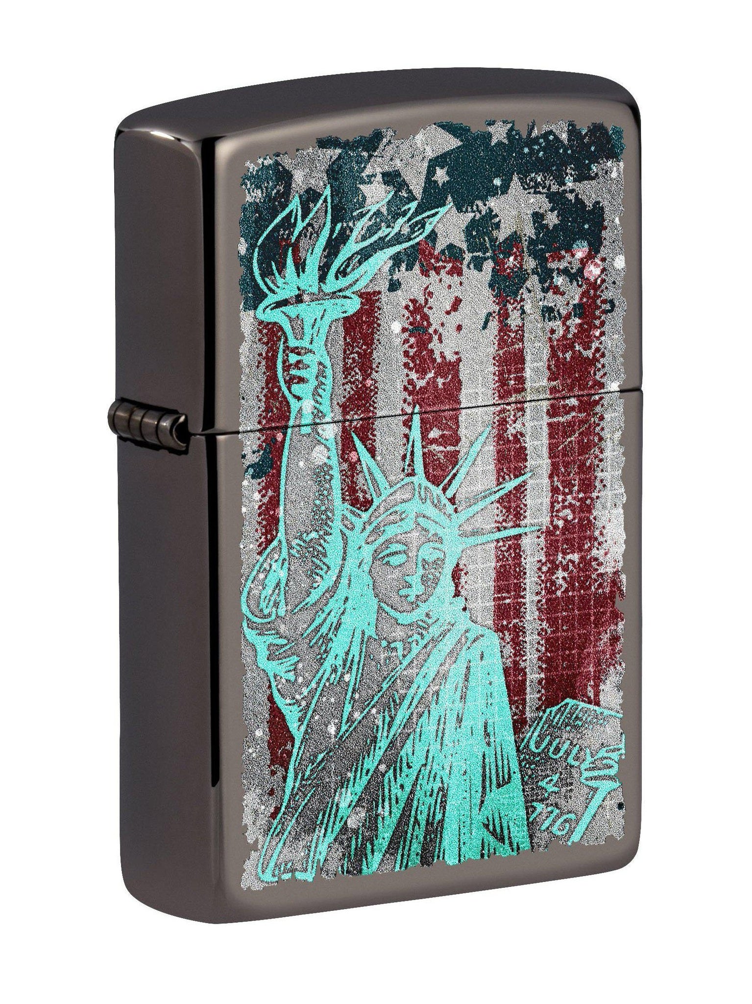 Zippo Lighter: Statue of Liberty and Flag - Black Ice 49663