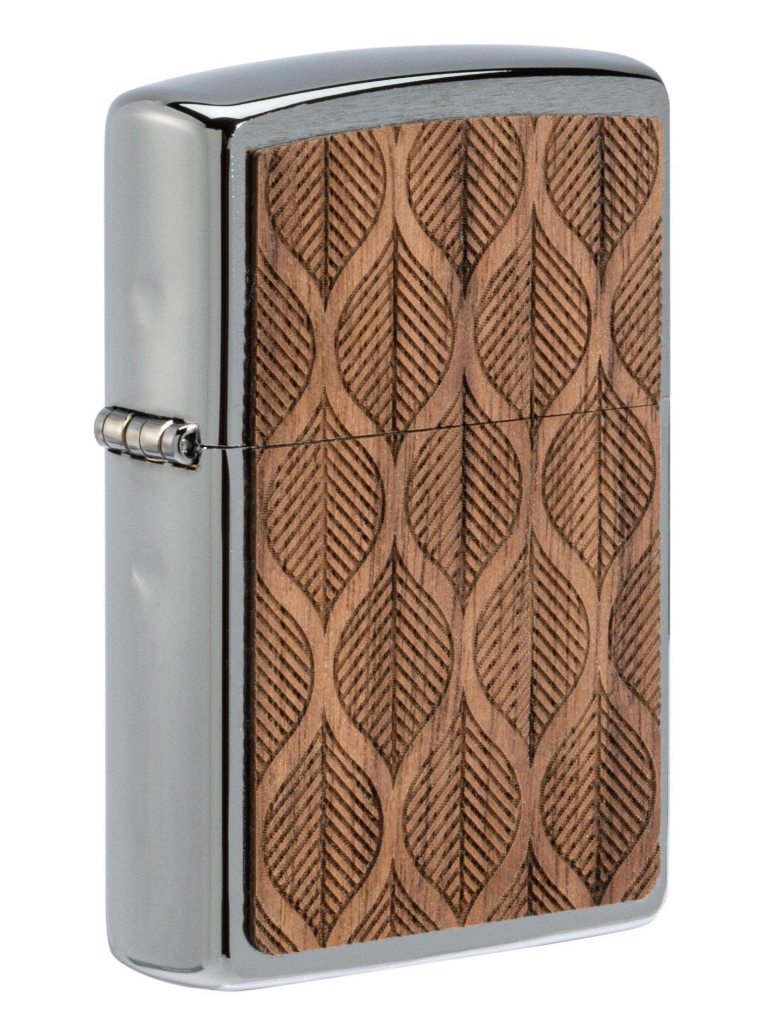 Zippo Lighter: Woodchuck Walnut with Leaves - Brushed Chrome 49708