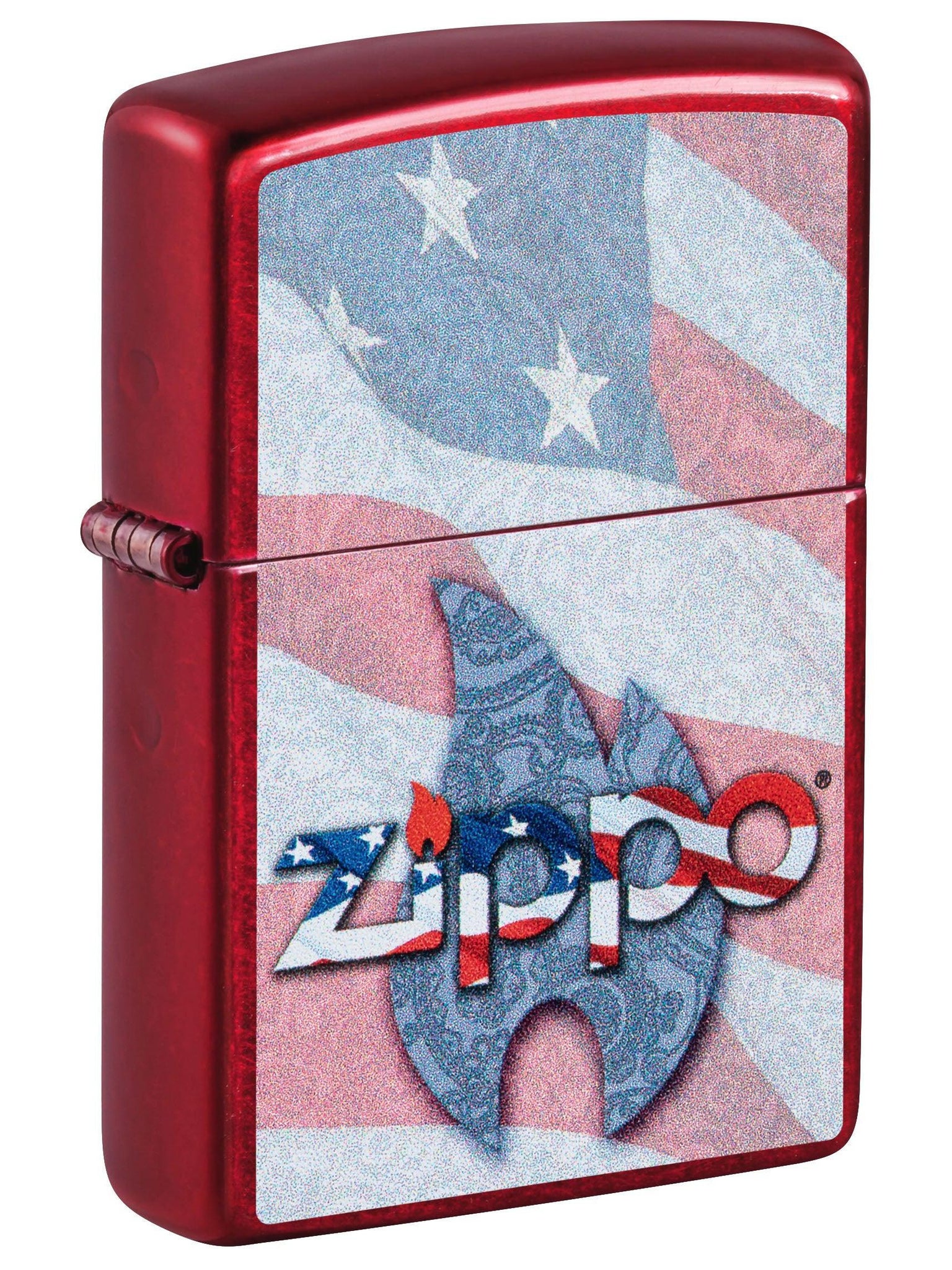 Zippo Lighter: Zippo Logo and American Flag - Candy Apple Red 49781