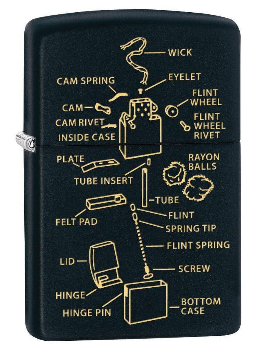 Zippo Lighter: Anatomy of a Lighter, Engraved - Black Matte 76182 - Gear Exec (1975576821875)