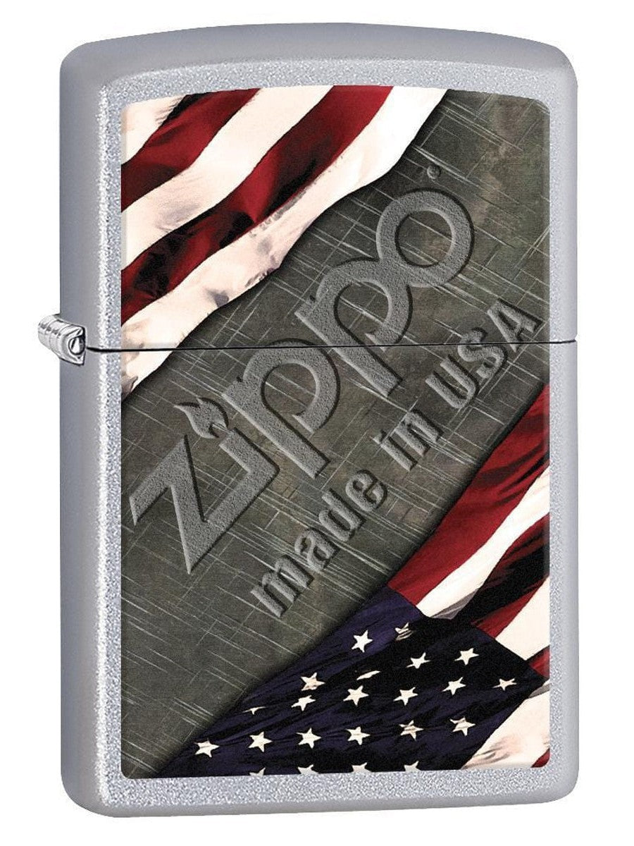 Zippo Lighter: American Flag and Metal - Satin Chrome 77001 - Gear Exec (1975588782195)