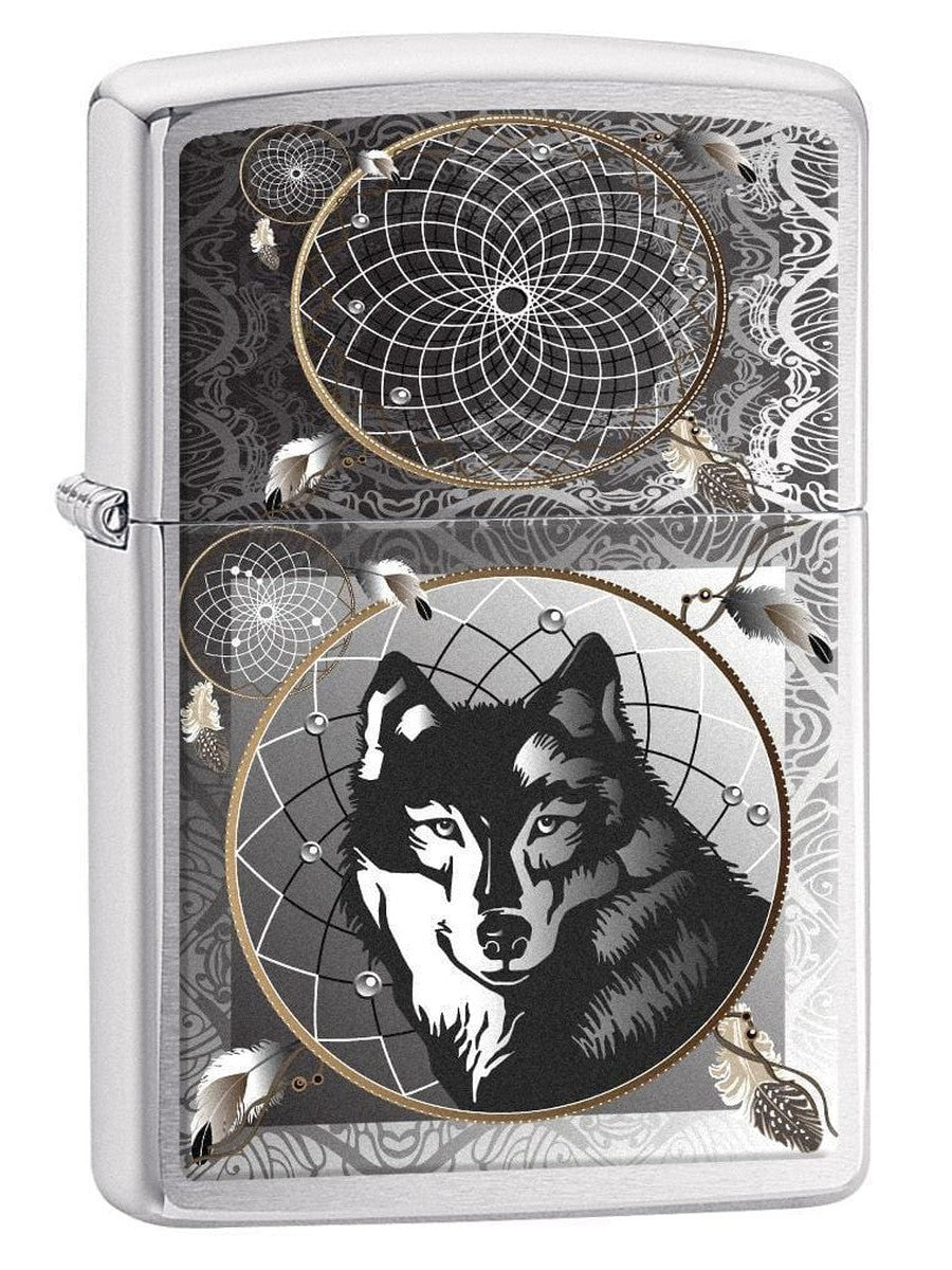 Zippo Lighter: Wolf Dreamcatcher - Brushed Chrome 77133 (1975590617203)