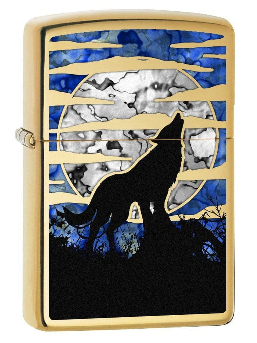 Zippo Lighter: Fusion Wolf Howling at the Moon - High Polish Brass 78375 - Gear Exec (1975608246387)