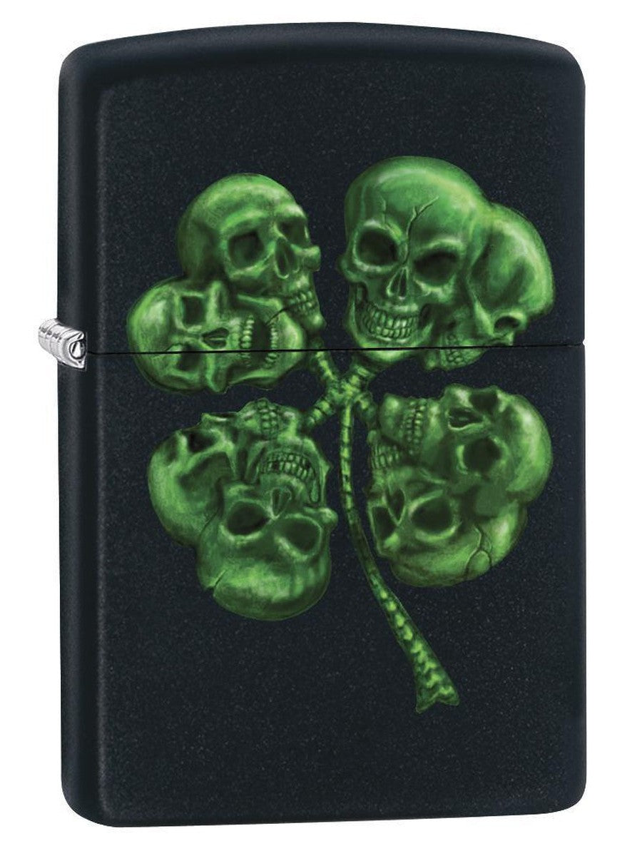 Zippo Lighter: Four Leaf Clover Skulls - Black Matte 79164 - Gear Exec (1975619584115)