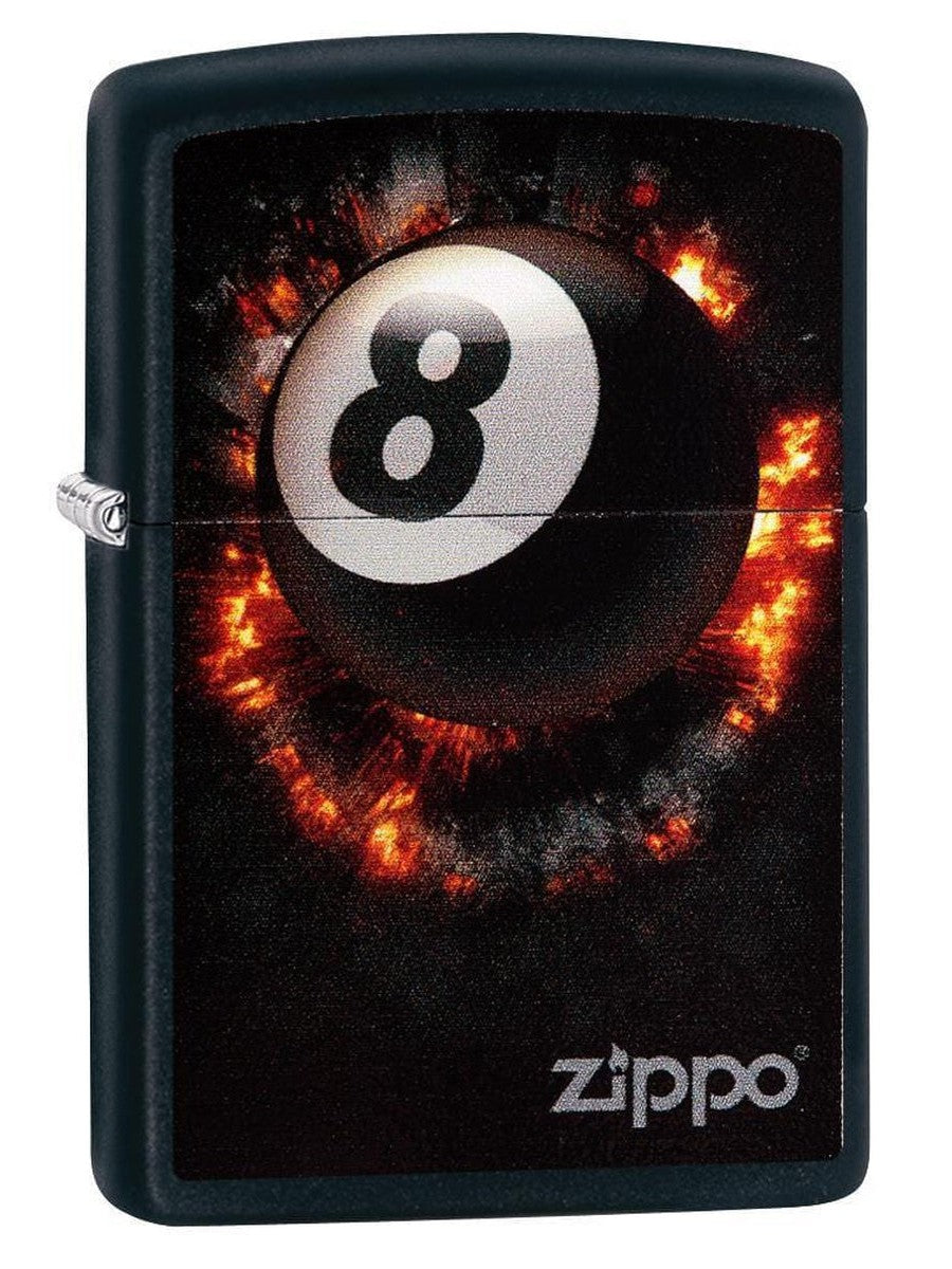 Zippo Lighter: Eight Ball on Fire - Black Matte 79188 - Gear Exec (1975619911795)