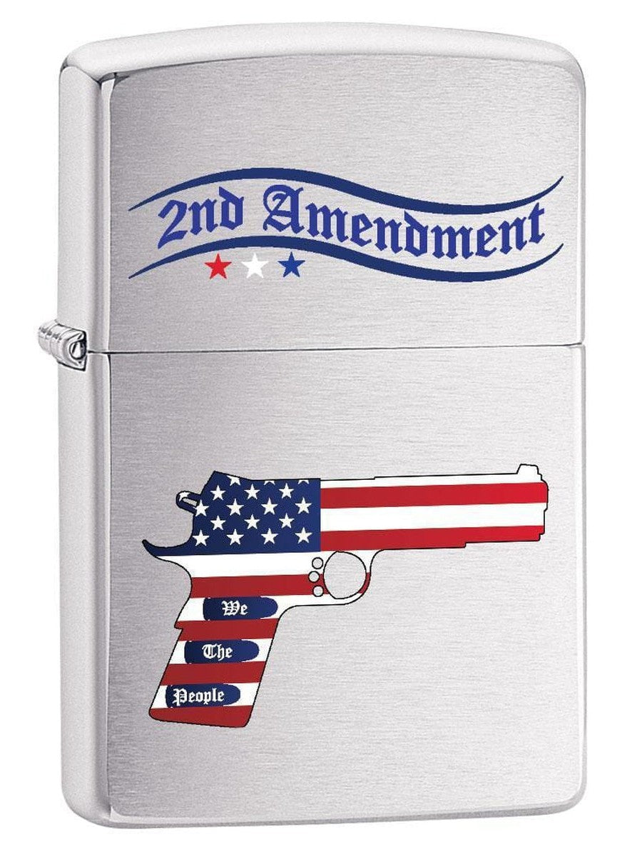 Zippo Lighter: Second Amendment Gun and American Flag - Brushed Chrome 79545 (1975626858611)