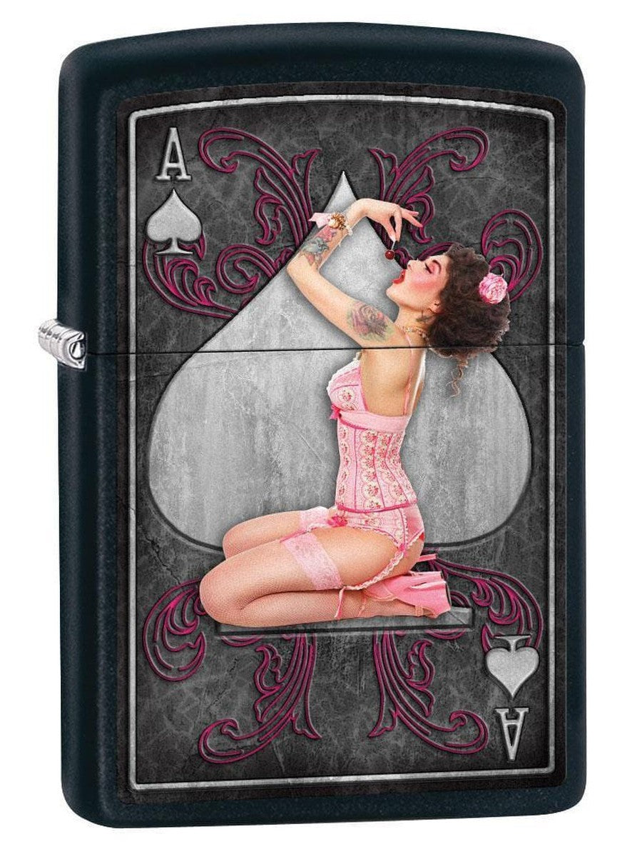Zippo Lighter: Sexy Pin-Up Girl, Ace of Spades - Black Matte 79557 (1975627153523)