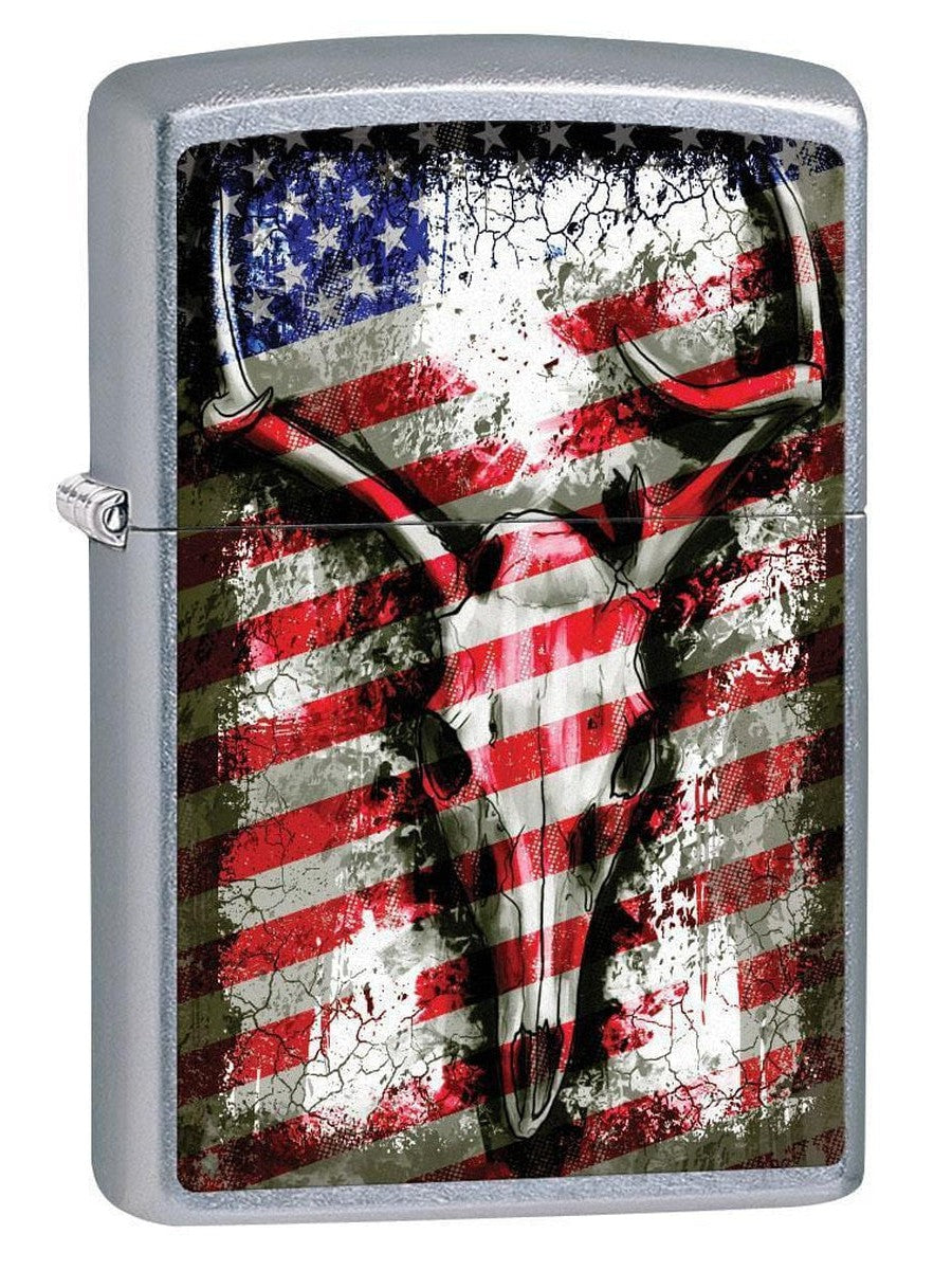 Zippo Lighter: Deer Skull and American Flag - Street Chrome 79572 - Gear Exec (1975627382899)