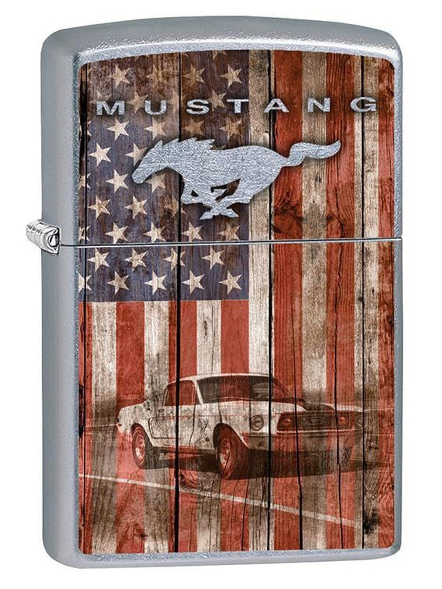 Zippo Lighter: Ford Mustang and American Flag - Street Chrome 79623 - Gear Exec (1975628300403)