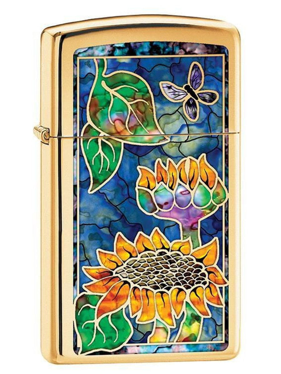 Zippo Lighter: Slim Fusion Sunflowers - High Polish Brass 79785 (1975631544435)