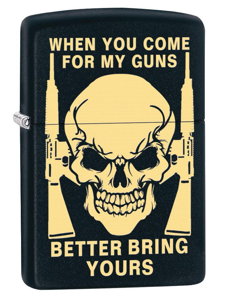 Zippo Lighter: Skull, Bring Your Guns Engraved - Black Matte 80430 (4269195788403)