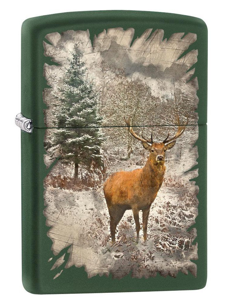Zippo Lighter: Red Deer in the Woods - Green Matte 80517 (4269196705907)