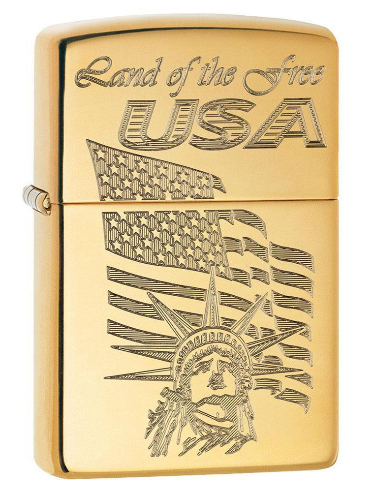 Zippo Lighter: USA Land of the Free, Engraved - High Polish Brass 80681