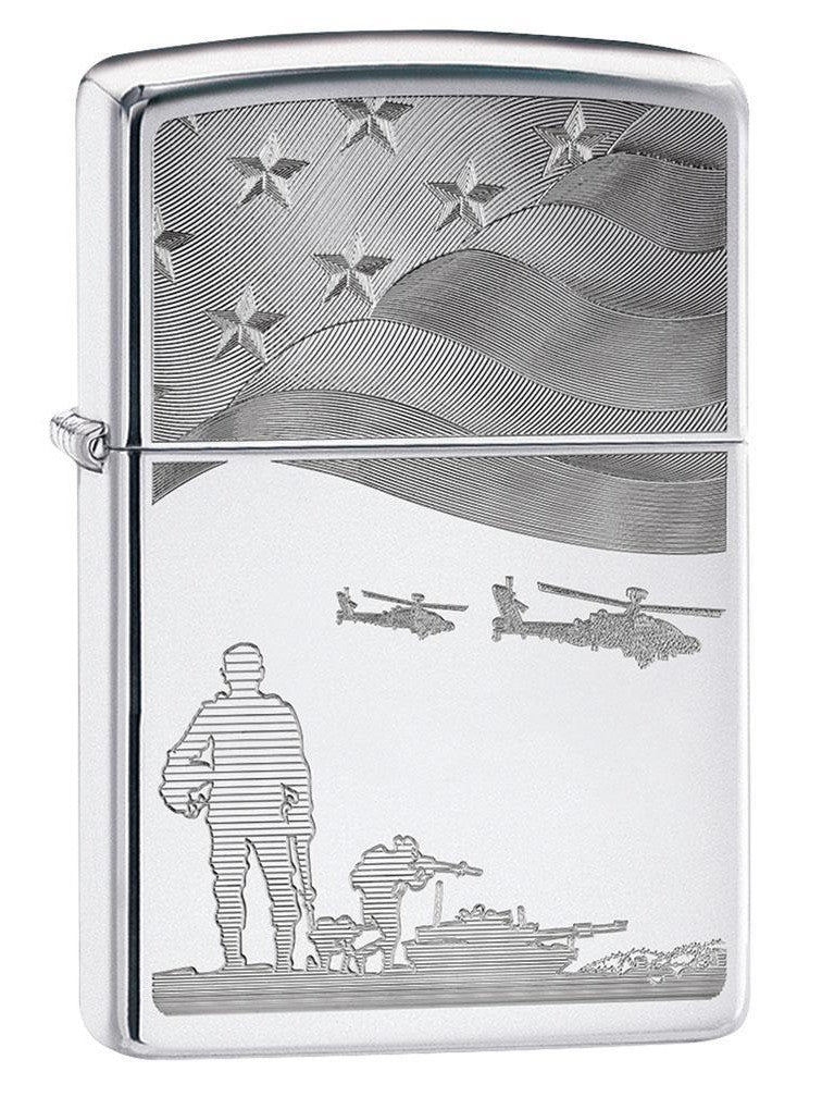 Zippo Lighter: Soldiers and American Flag, Engraved - High Polish Chrome 80790