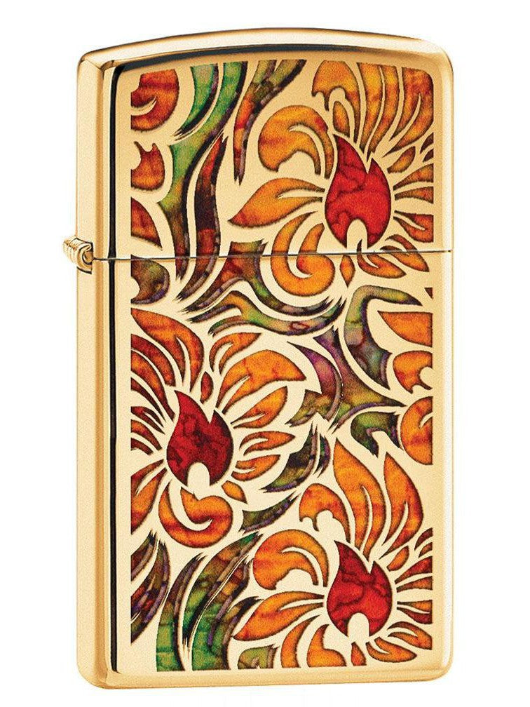 Zippo Lighter: Slim Floral Pattern, Fusion - High Polish Brass 80797