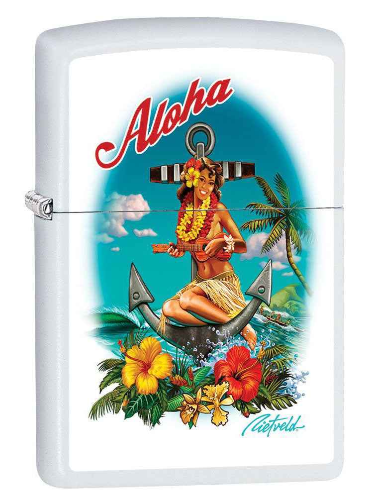 Zippo Lighter: Aloha Hawaiian Girl by Rick Rietveld - White Matte 80937