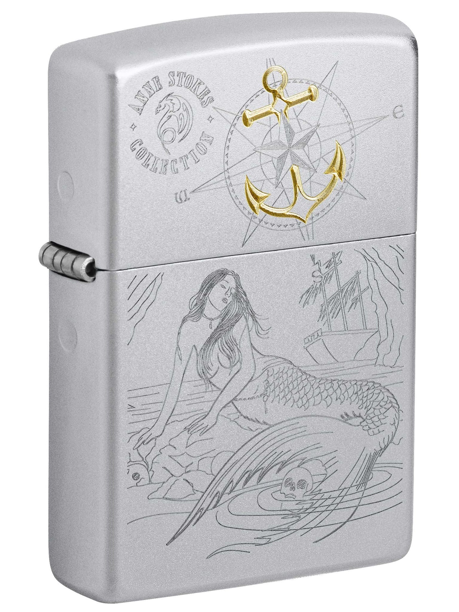 Zippo Lighter: Anne Stokes Collection, Engraved Mermaid and Ship - Satin Chrome 81011