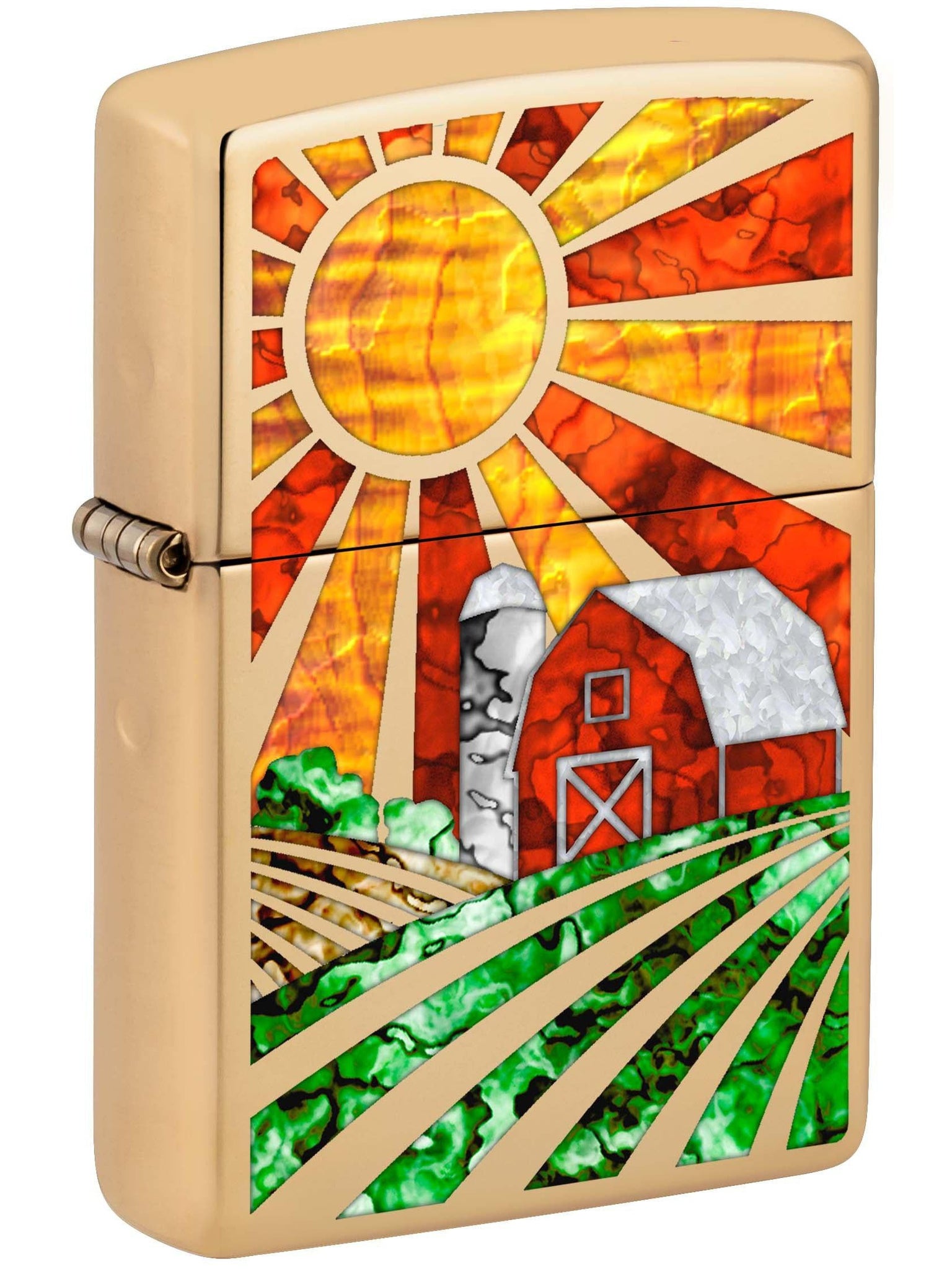 Zippo Lighter: Fusion, Red Barn and Farm Design - High Polish Brass 81028