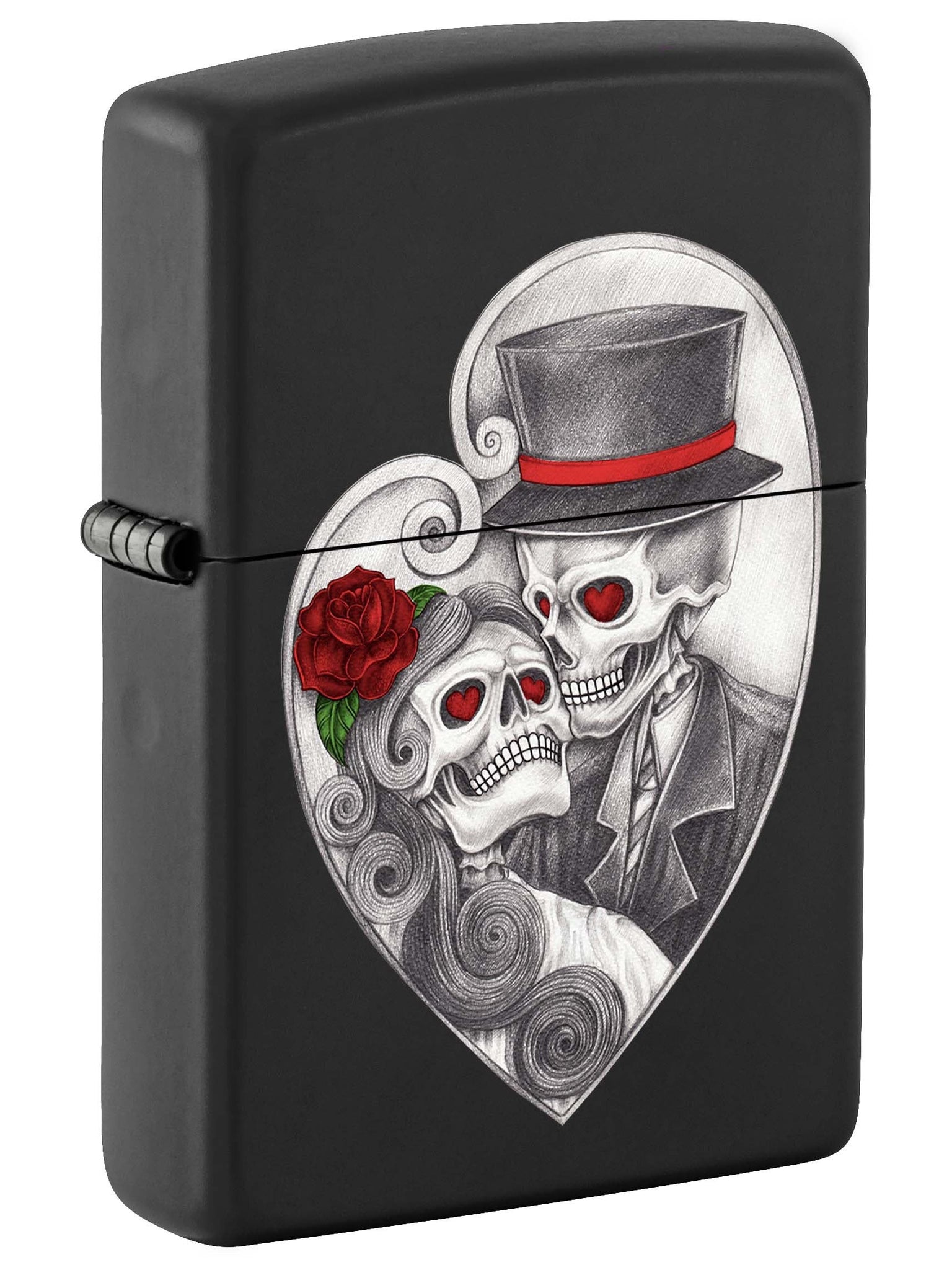 Zippo Lighter: Gothic Skull Couple Design - Black Matte 81119