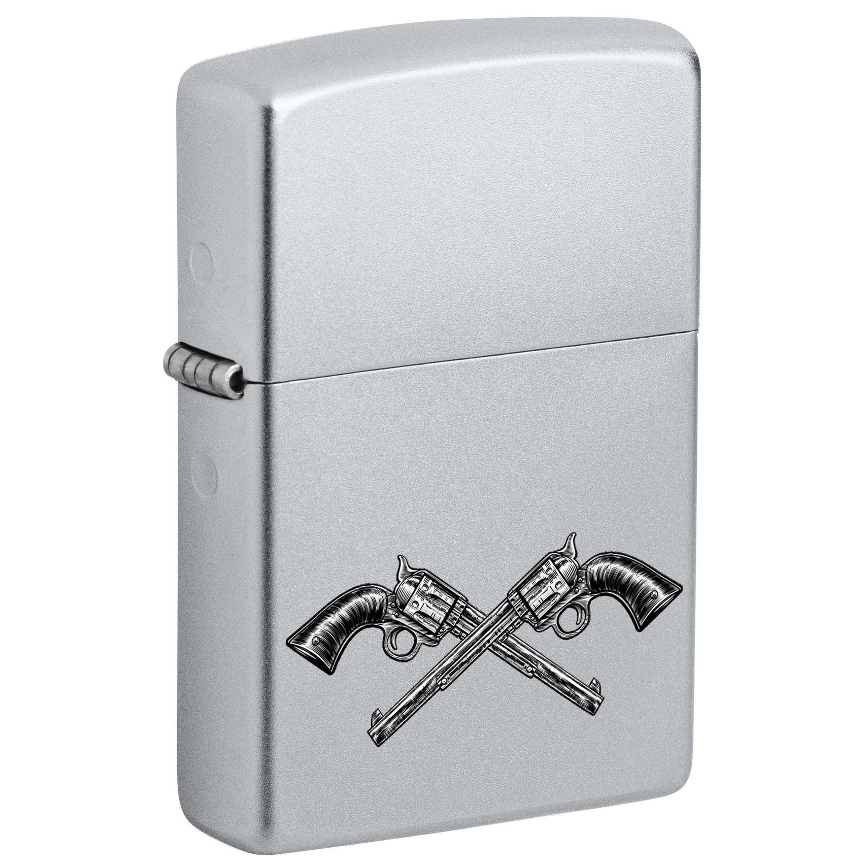 Zippo Lighter: Crossed Revolver Guns - Satin Chrome 81133 Zippo Lighter: Crossed Revolver Guns - Satin Chrome 81133