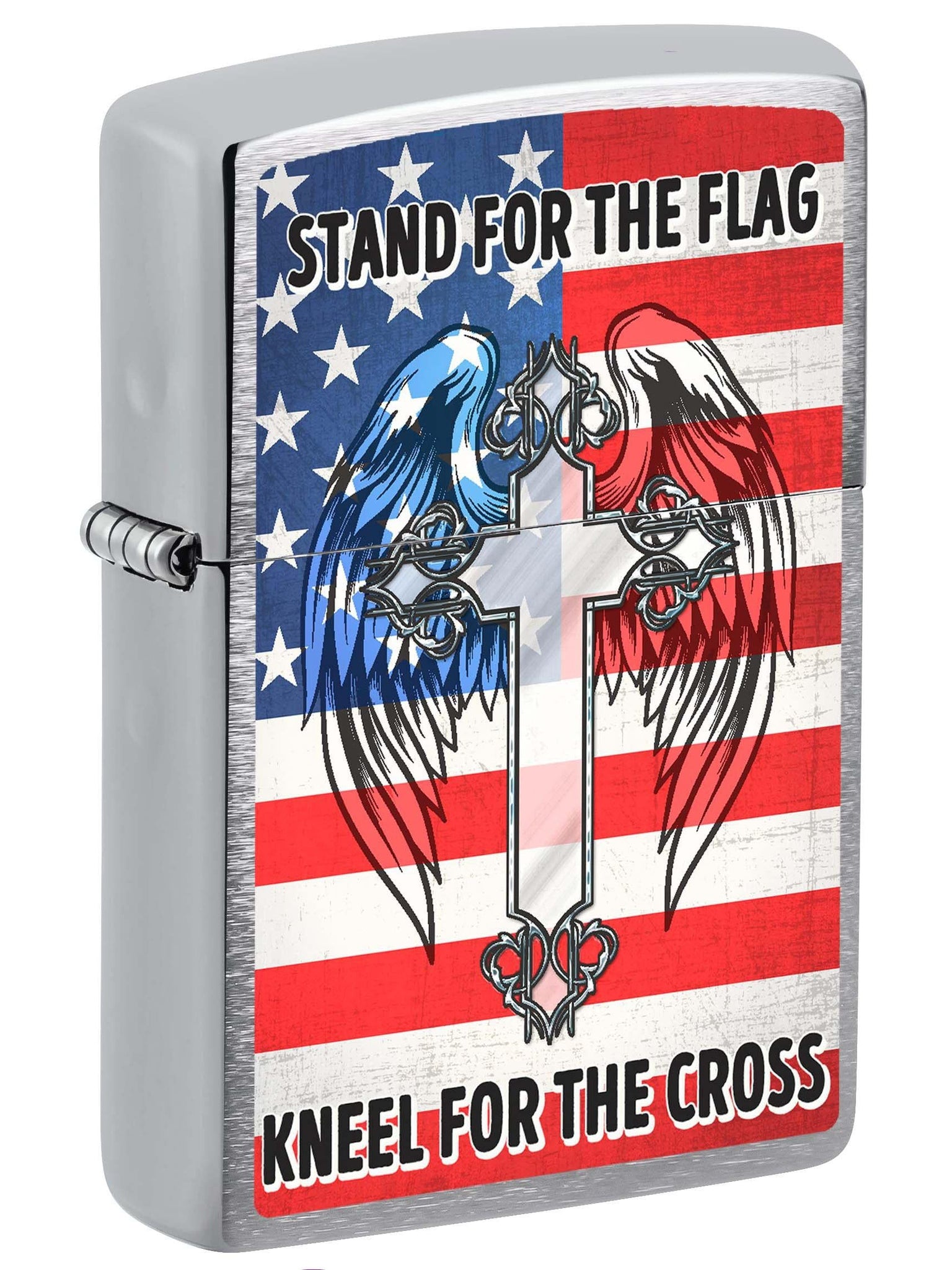 Zippo Lighter: Stand for the Flag and Kneel for the Cross - Brushed Chrome 81143