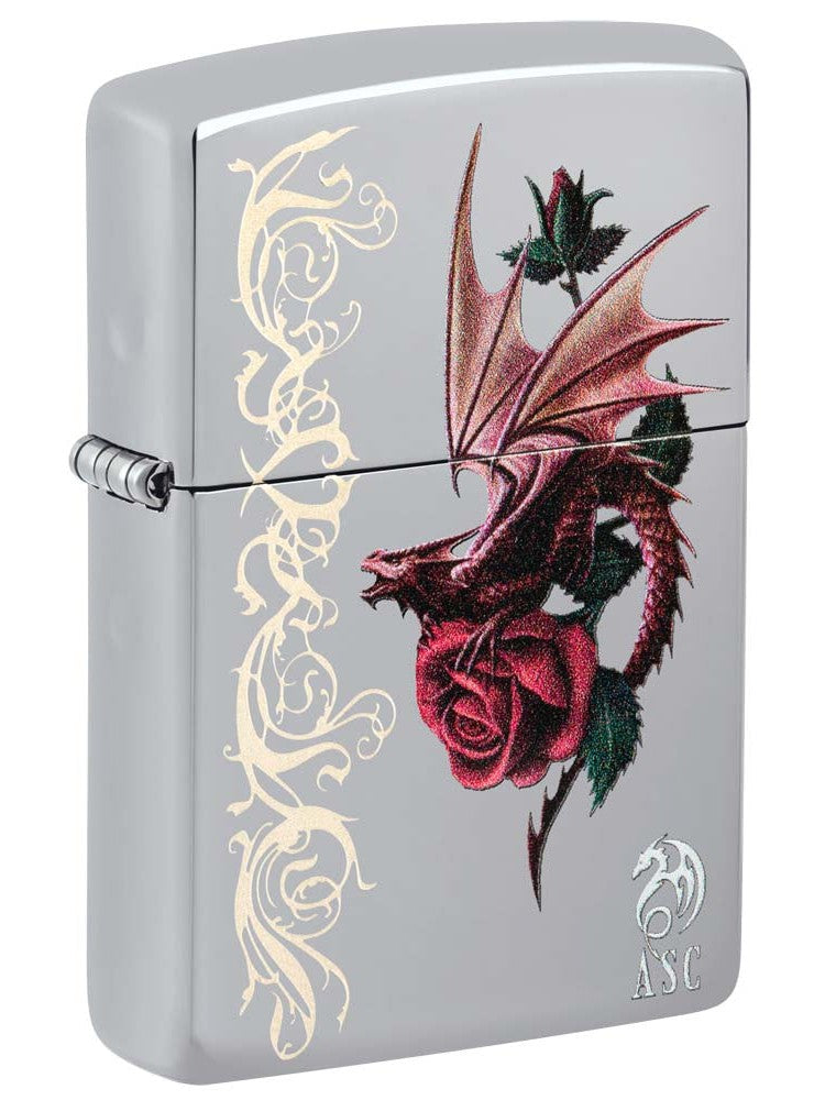 Zippo Lighter: Anne Stokes Dragon with Rose - High Polish Chrome 81193