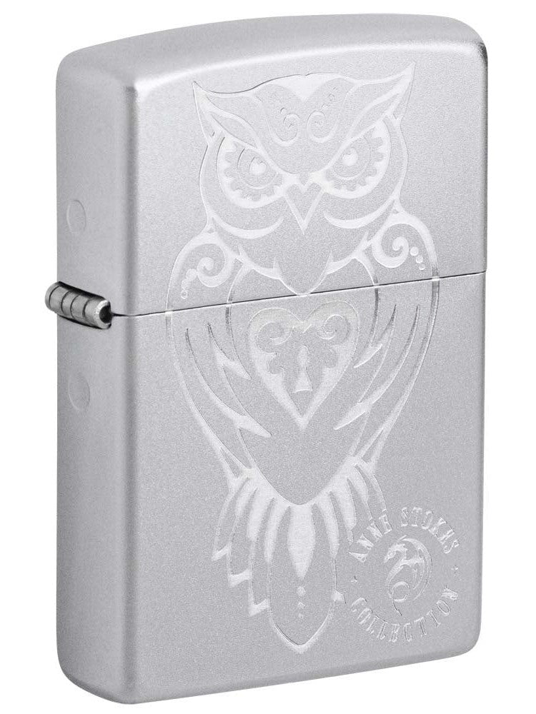 Zippo Lighter: Anne Stokes Engraved Owl - Satin Chrome 81199