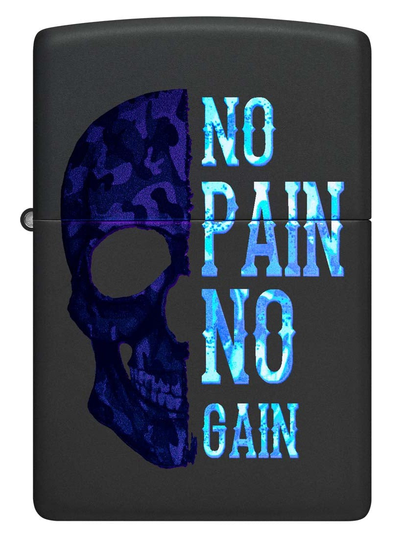 Zippo Lighter: Camo Skull, No Pain No Gain, Blacklight - Black Matte 81292