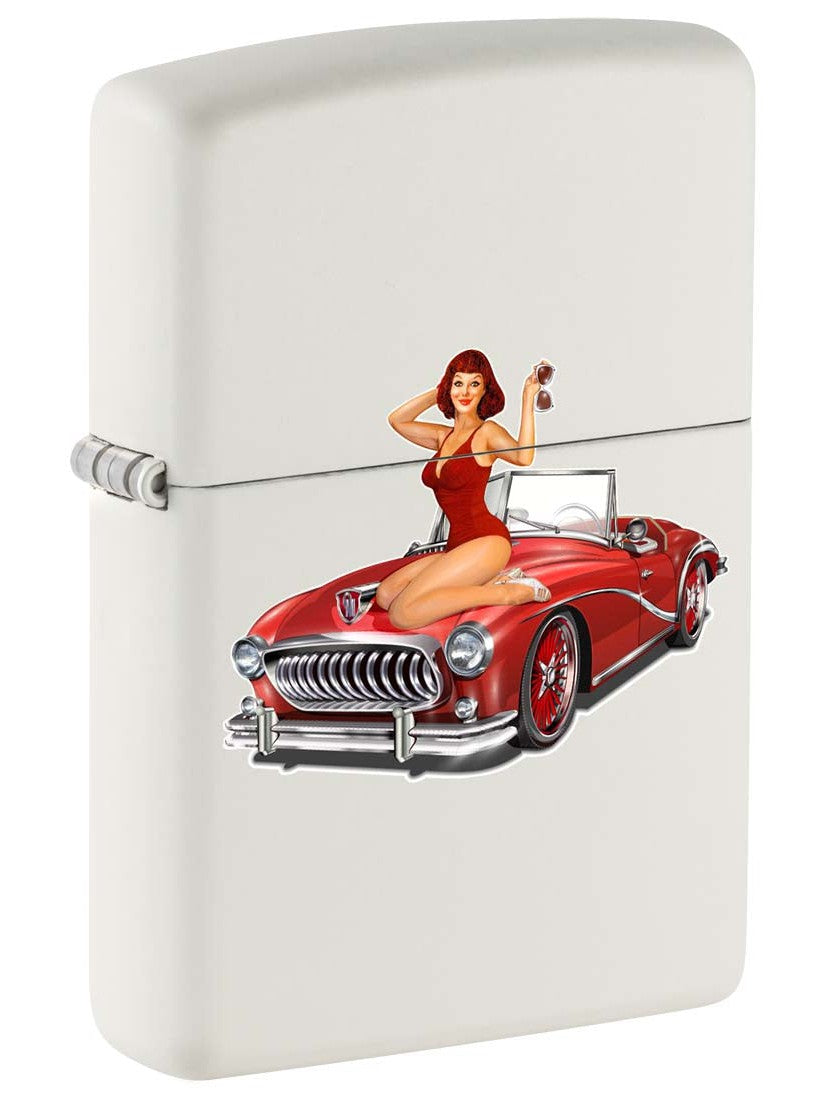 Zippo Lighter: Pin-up Girl on Convertible - White Matte 81302