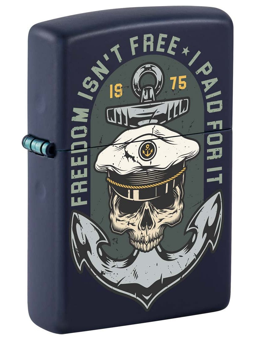 Zippo Lighter: Skull and Anchor, Freedom Isn't Free - Navy Blue Matte 81306