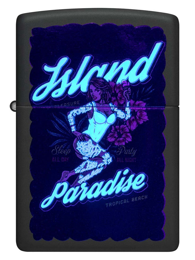 Zippo Lighter: Island Paradise Girl, Blacklight - Black Matte 81307