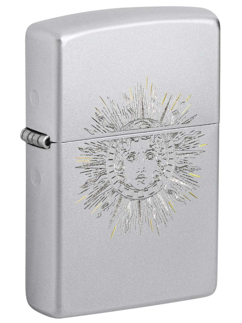 Zippo Lighter: Engraved Sun with Face - Satin Chrome 81308