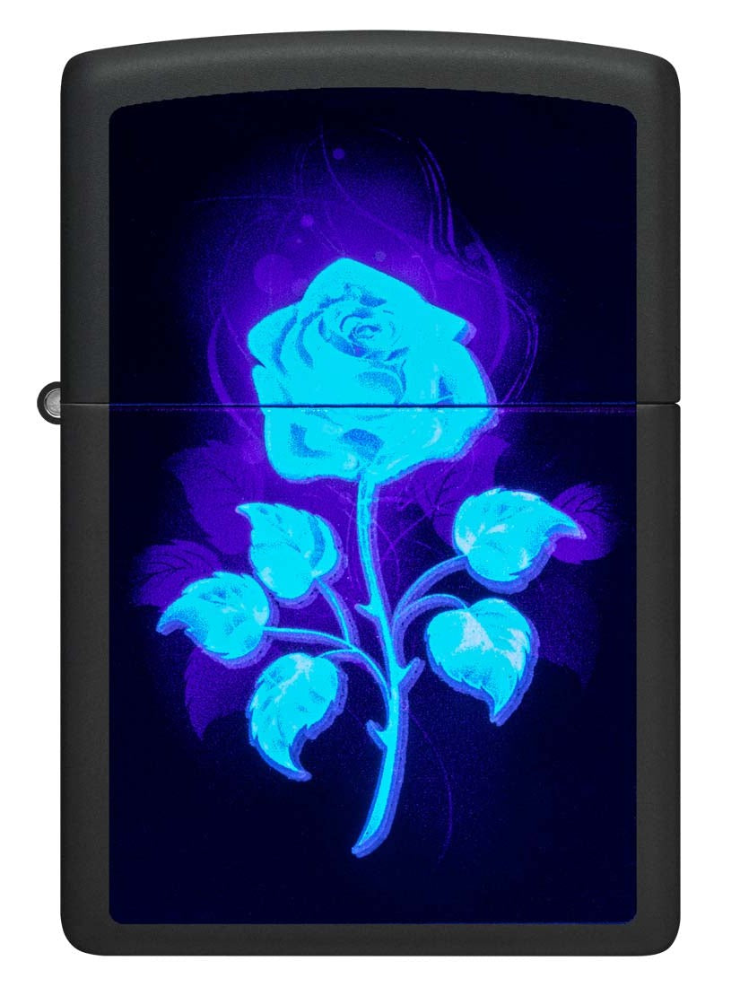 Zippo Lighter: Glowing Rose, Blacklight - Black Matte 81314