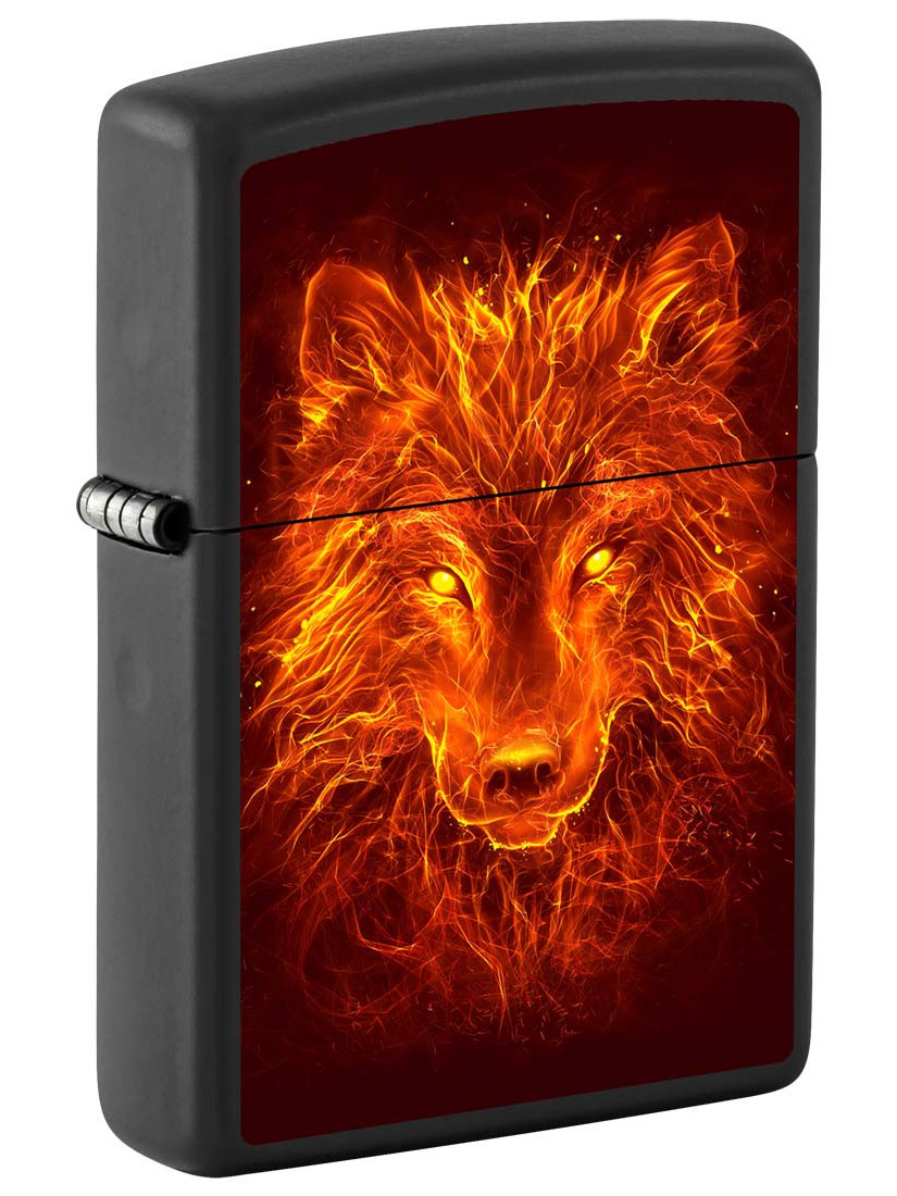 Zippo Lighter: Wolf with Fire - Black Matte 81315