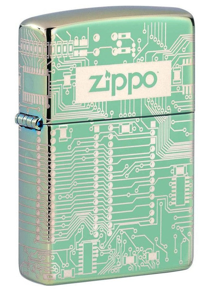 Zippo Lighter: Circuit Board, Laser 360 - High Polish Green 81331