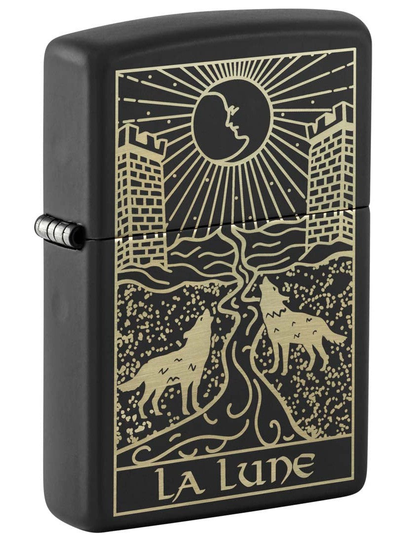 Zippo Lighter Tarot Card 18 La Luna, Engraved Black Matte 81339 Lucas Lighters