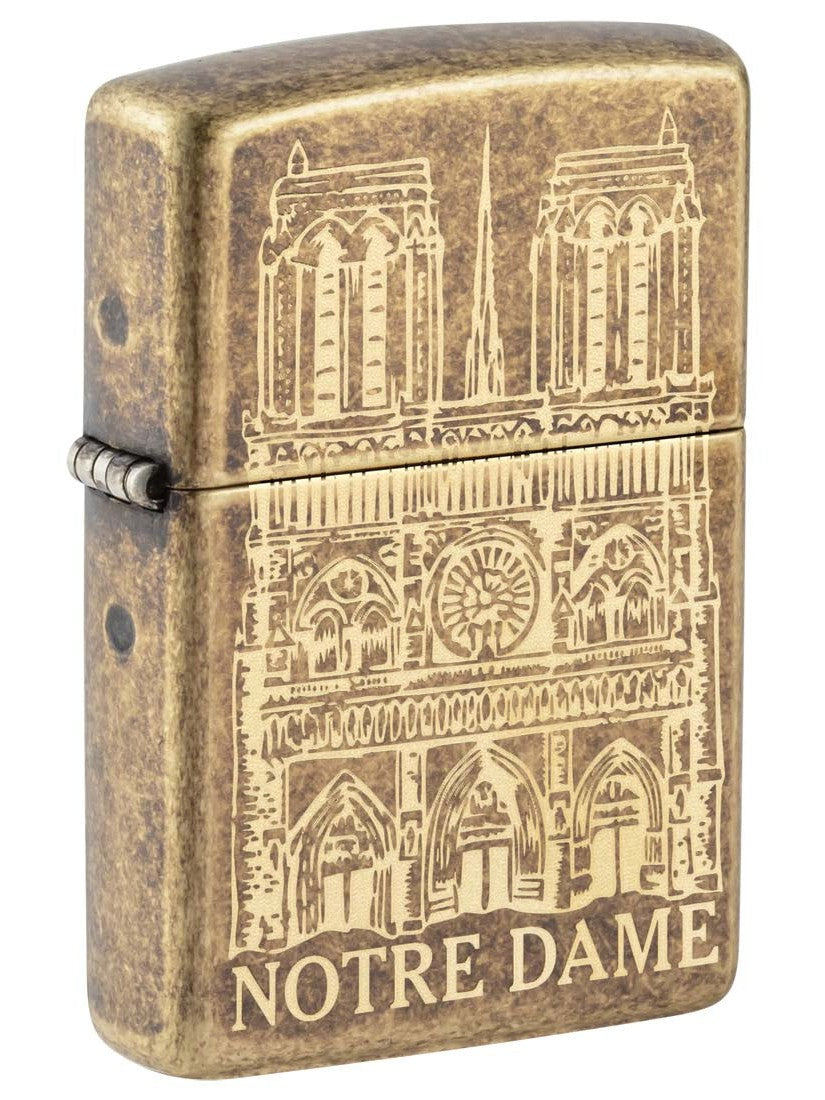Zippo Lighter: Notre Dame Cathedral, Engraved - Antique Brass 81356
