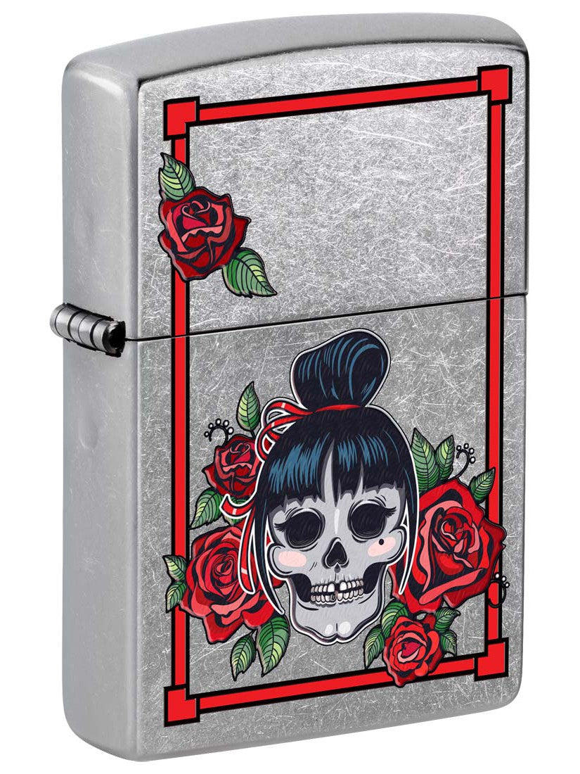 Zippo Lighter: Skull with Flowers - Street Chrome 81361