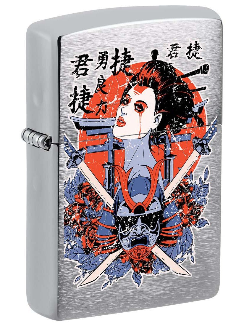 Zippo Lighter: Asian Warrior with Swords - Brushed Chrome 81362