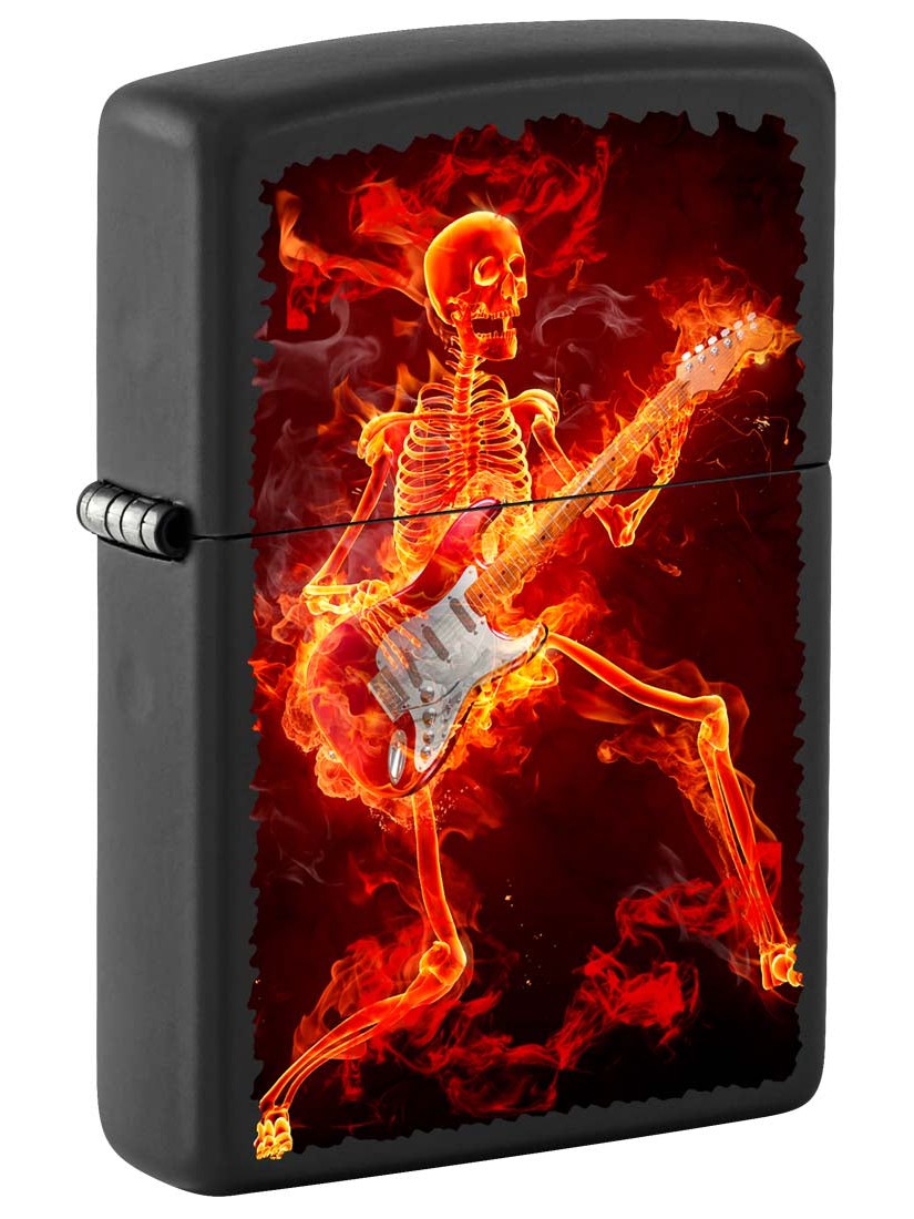 Zippo Lighter: Skeleton on Fire with Guitar - Black Matte 81364