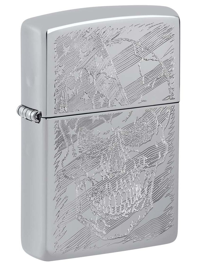 Zippo Lighter: Skull and American Flag, Engraved - High Polish Chrome 81376