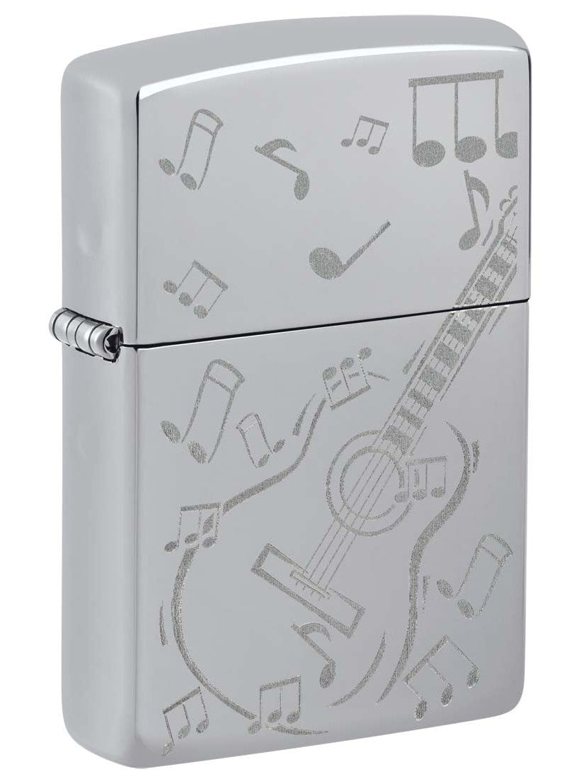 Zippo Lighter: Guitar and Music Notes, Engraved - High Polish Chrome 81379