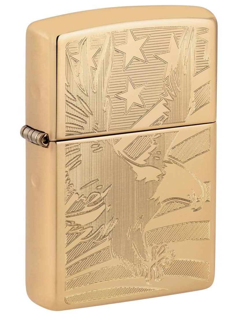 Zippo Lighter: Eagle and American Flag, Engraved - High Polish Brass 81394