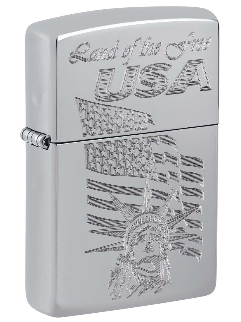 Zippo Lighter: USA Land of the Free, Engraved - High Polish Chrome 81396