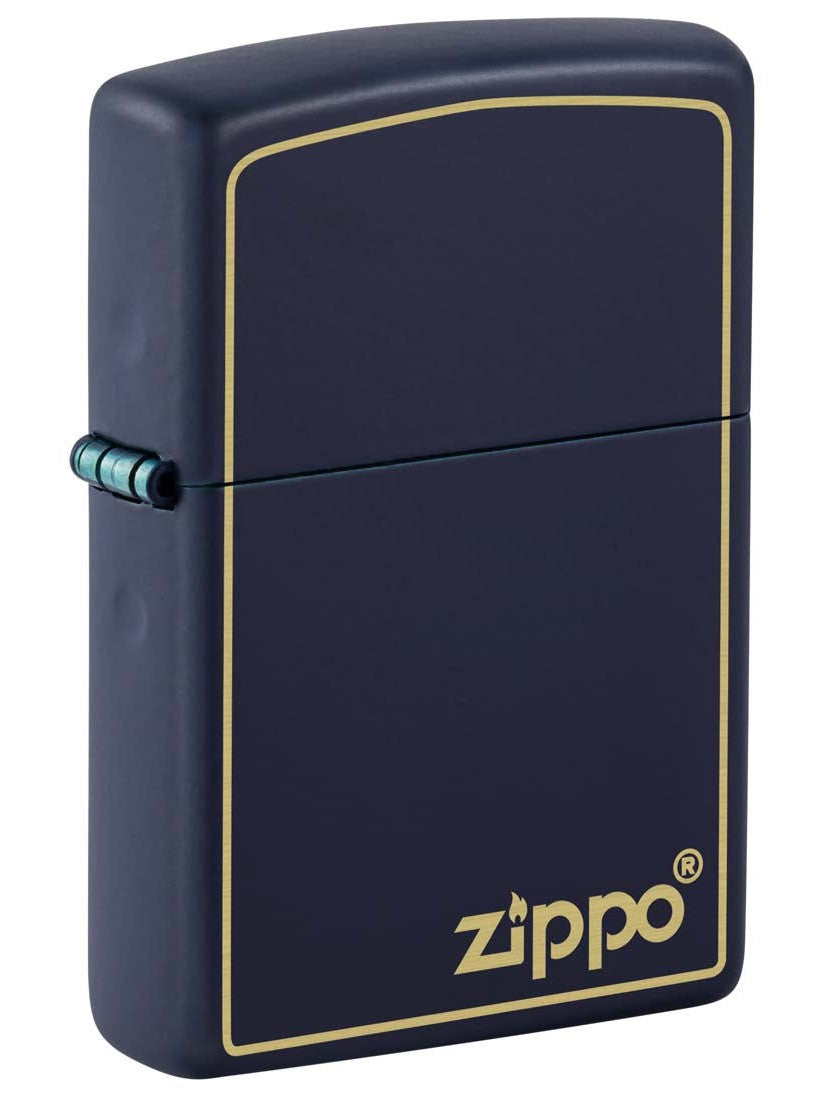 Zippo Lighter: Engraved Zippo Logo with Border - Navy Blue Matte 81429